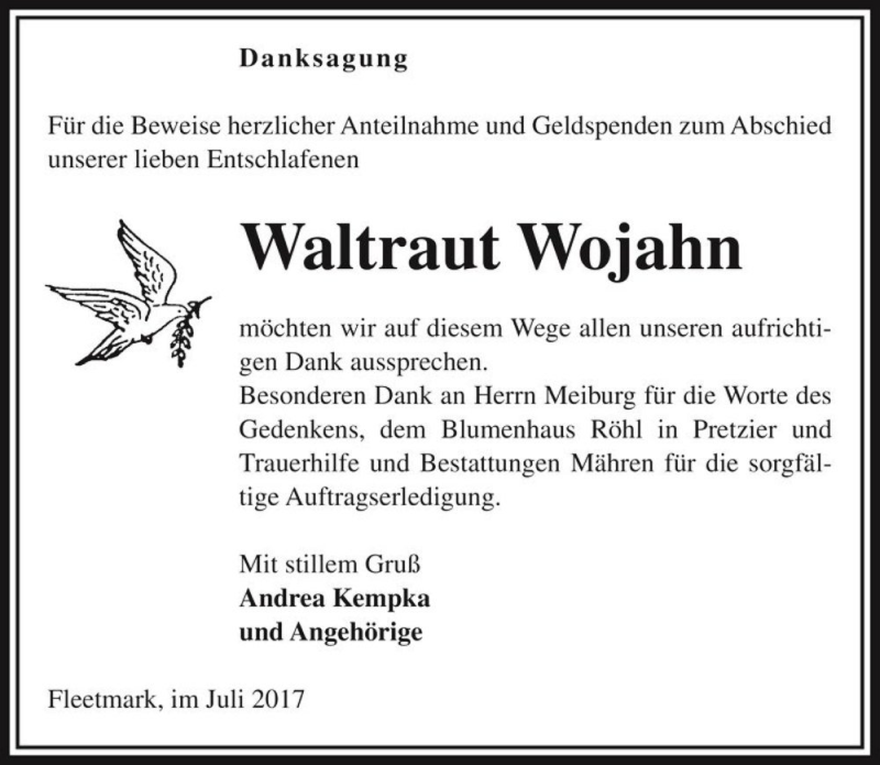  Traueranzeige für Waltraut Wojahn  vom 07.07.2017 aus Magdeburger Volksstimme
