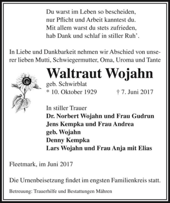 Traueranzeige von Waltraut Wojahn (geb. Schwirblat)  von Magdeburger Volksstimme