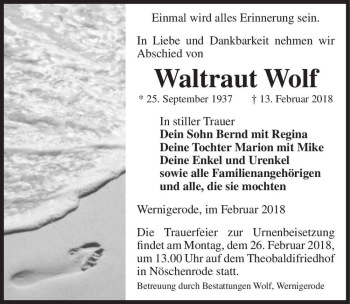 Traueranzeige von Waltraut Wolf  von Magdeburger Volksstimme