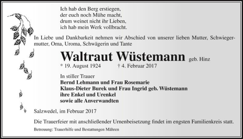  Traueranzeige für Waltraut Wüstemann (geb. Hinz)  vom 08.02.2017 aus Magdeburger Volksstimme