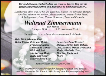 Traueranzeige von Waltraut Zimmermann (geb. Manka)  von Magdeburger Volksstimme