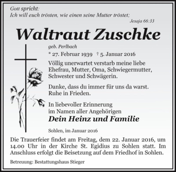 Traueranzeige von Waltraut Zuschke (geb. Perlbach)  von Magdeburger Volksstimme