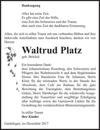 Traueranzeige von Waltrud Platz (geb. Bröckel)  von Magdeburger Volksstimme