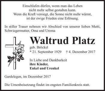 Traueranzeige von Waltrud Platz (geb. Bröckel)  von Magdeburger Volksstimme