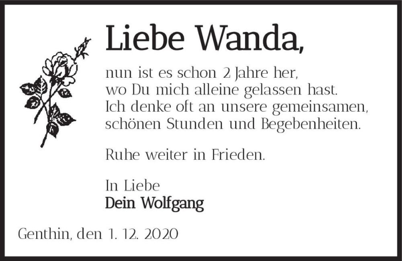  Traueranzeige für Wanda  vom 01.12.2020 aus Magdeburger Volksstimme