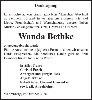 Traueranzeige von Wanda Bethke  von Magdeburger Volksstimme