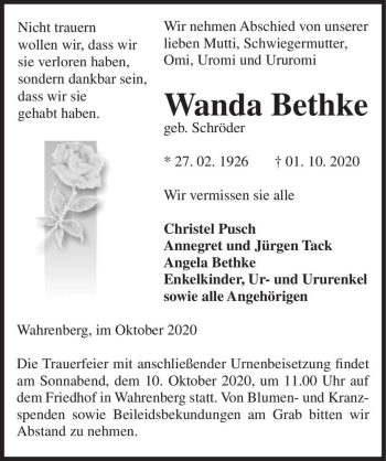 Traueranzeige von Wanda Bethke (geb. Schröder)  von Magdeburger Volksstimme
