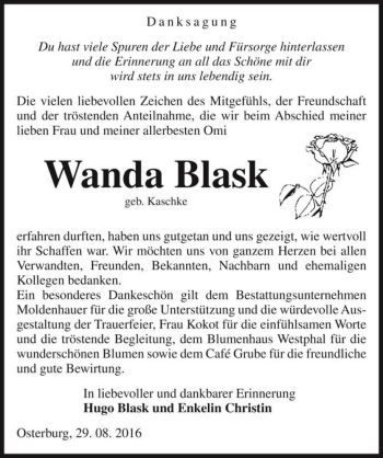 Traueranzeige von Wanda Blask (geb. Kaschke)  von Magdeburger Volksstimme