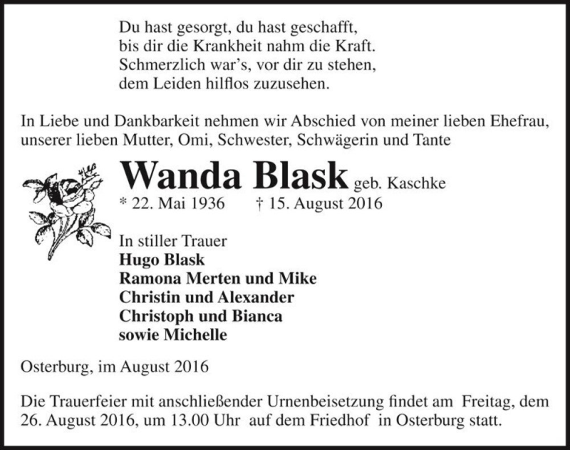  Traueranzeige für Wanda Blask (geb. Kaschke)  vom 18.08.2016 aus Magdeburger Volksstimme