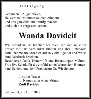 Traueranzeige von Wanda Davideit  von Magdeburger Volksstimme