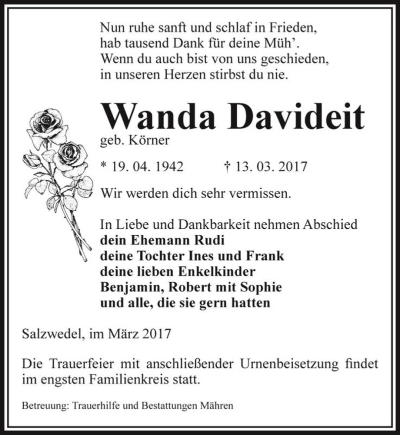  Traueranzeige für Wanda Davideit (geb. Körner)  vom 17.03.2017 aus Magdeburger Volksstimme