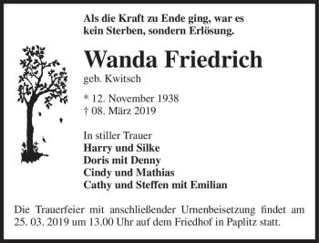 Traueranzeige von Wanda Friedrich (geb. Kwitsch)  von Magdeburger Volksstimme