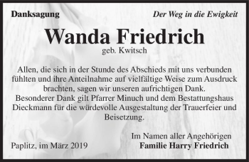 Traueranzeige von Wanda Friedrich (geb. Kwitsch)  von Magdeburger Volksstimme