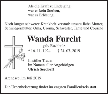 Traueranzeige von Wanda Furcht (geb. Buchholz)  von Magdeburger Volksstimme