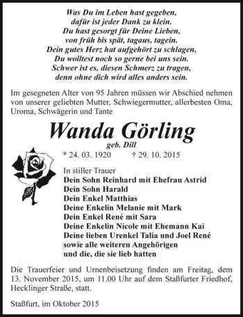 Traueranzeige von Wanda Görling (geb. Dill)  von Magdeburger Volksstimme