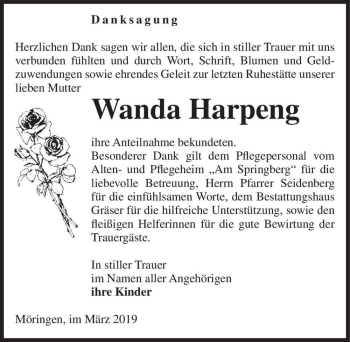 Traueranzeige von Wanda Harpeng  von Magdeburger Volksstimme