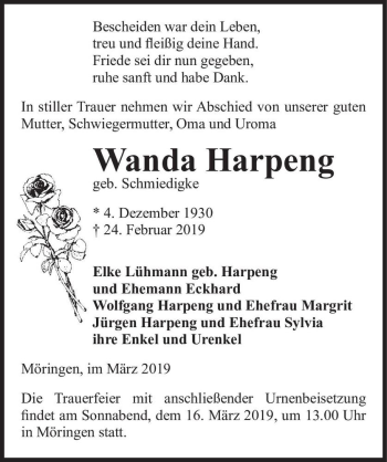 Traueranzeige von Wanda Harpeng (geb. Schmiedigke)  von Magdeburger Volksstimme
