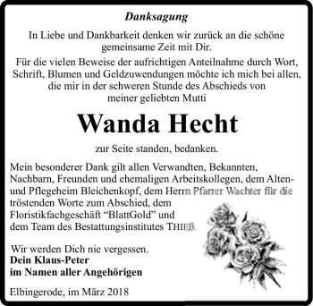 Traueranzeige von Wanda Hecht  von Magdeburger Volksstimme