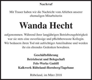 Traueranzeige von Wanda Hecht  von Magdeburger Volksstimme