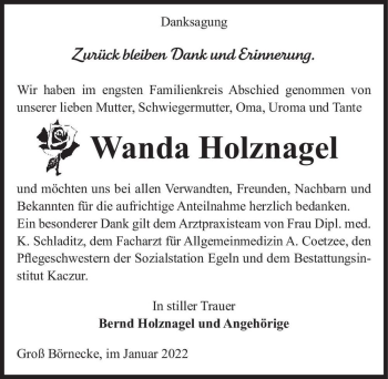 Traueranzeige von Wanda Holznagel  von Magdeburger Volksstimme