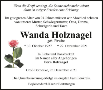 Traueranzeige von Wanda Holznagel (geb. Pirwitz)  von Magdeburger Volksstimme