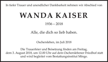 Traueranzeige von Wanda Kaiser  von Magdeburger Volksstimme