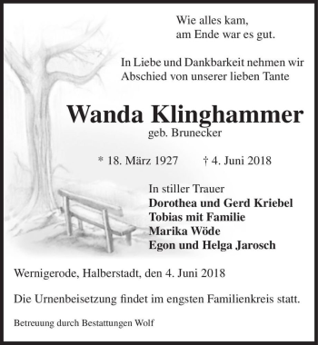 Traueranzeige von Wanda Klinghammer (geb. Brunecker)  von Magdeburger Volksstimme