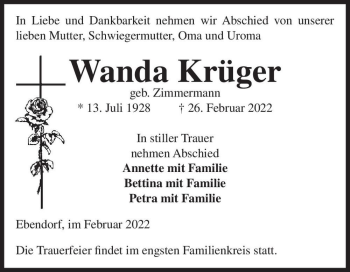 Traueranzeige von Wanda Krüger (geb. Zimmermann)  von Magdeburger Volksstimme