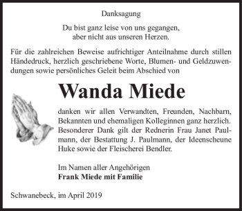 Traueranzeige von Wanda Miede  von Magdeburger Volksstimme