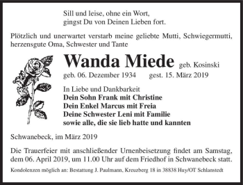 Traueranzeige von Wanda Miede (geb. Kosinski)  von Magdeburger Volksstimme