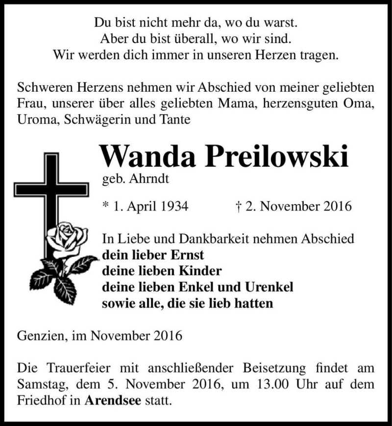  Traueranzeige für Wanda Preilowski (geb. Ahrndt)  vom 04.11.2016 aus Magdeburger Volksstimme