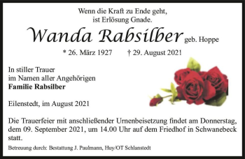 Traueranzeige von Wanda Rabsilber (geb. Hoppe)  von Magdeburger Volksstimme