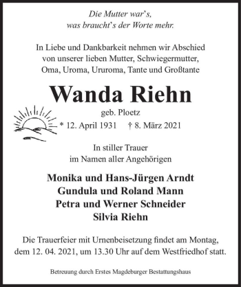 Traueranzeige von Wanda Riehn (geb. Ploetz)  von Magdeburger Volksstimme