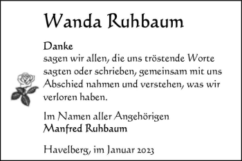 Traueranzeige von Wanda Ruhbaum  von Magdeburger Volksstimme