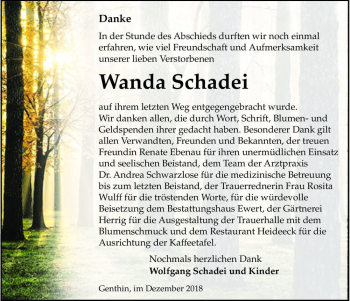 Traueranzeige von Wanda Schadei  von Magdeburger Volksstimme