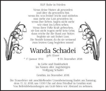 Traueranzeige von Wanda Schadei (geb. Glaser)  von Magdeburger Volksstimme