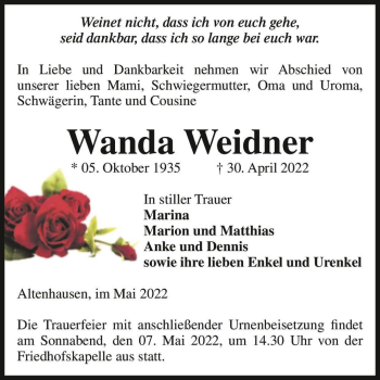 Traueranzeige von Wanda Weidner  von Magdeburger Volksstimme