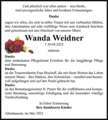 Traueranzeige von Wanda Weidner  von Magdeburger Volksstimme