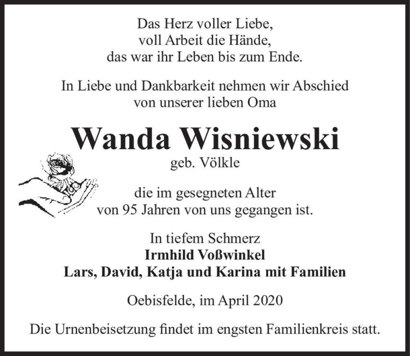  Traueranzeige für Wanda Wisniewski (geb. Völkle)  vom 14.04.2020 aus Magdeburger Volksstimme