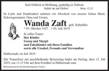 Traueranzeige von Wanda Zaft (geb. Scheibler)  von Magdeburger Volksstimme