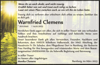 Traueranzeige von Warnfried Clemens  von Magdeburger Volksstimme