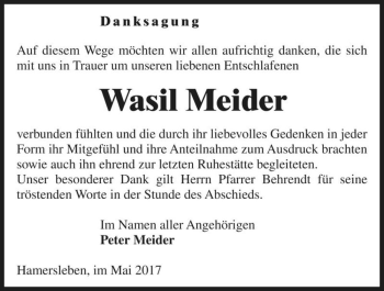 Traueranzeige von Wasil Meider  von Magdeburger Volksstimme