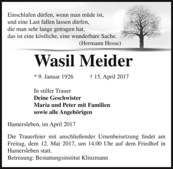 Traueranzeige von Wasil Meider  von Magdeburger Volksstimme