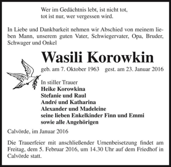 Traueranzeige von Wasili Korowkin  von Magdeburger Volksstimme