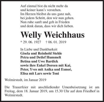 Traueranzeige von Welly Weichhaus  von Magdeburger Volksstimme