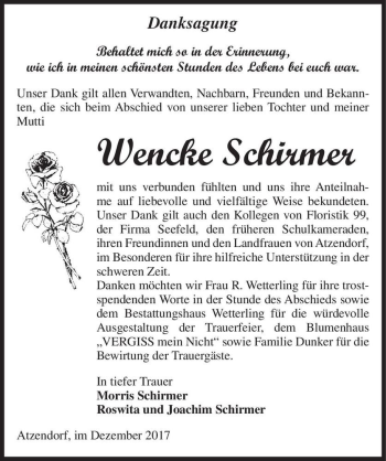Traueranzeige von Wencke Schirmer  von Magdeburger Volksstimme