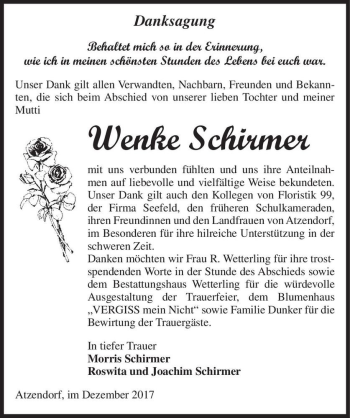 Traueranzeige von Wenke Schirmer  von Magdeburger Volksstimme