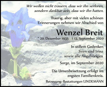 Traueranzeige von Wenzel Breit  von Magdeburger Volksstimme