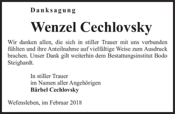 Traueranzeige von Wenzel Cechlovsky  von Magdeburger Volksstimme