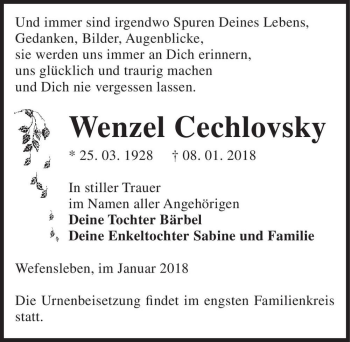 Traueranzeige von Wenzel Chechlovsky  von Magdeburger Volksstimme